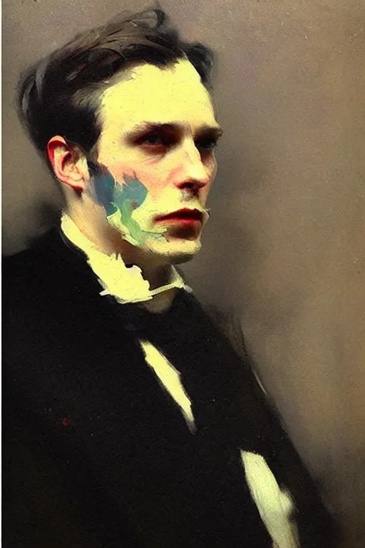 Prompt: impressionist brushstrokes!!!! beeple and richard schmid and jeremy lipking victorian loose genre loose painting full length portrait painting of a victorian male vampire