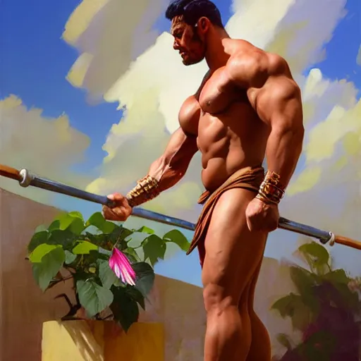 Image similar to greg manchess portrait of himera man and hibiscus as roided thick muscular weightlifter fantasy medium shot, asymmetrical, profile picture, organic painting, sunny day, matte painting, bold shapes, hard edges, street art, trending on artstation, by huang guangjian and gil elvgren and sachin teng