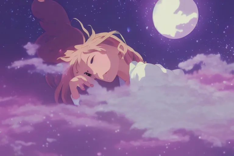 Prompt: a cute anime girl sleeping on a cloud, misty, glows, by studio ghibli, anime, hazy, foggy, ambient lighting, 8 k, neon, synthwave,