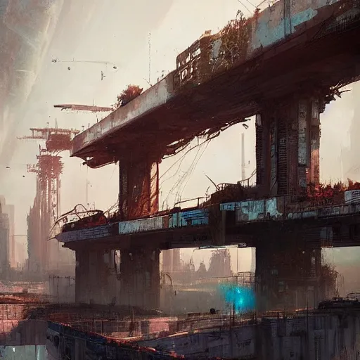 Prompt: an old rusty bridge stands in a futuristic city, by greg rutkowski, by conrad roset, digital art, trending on artstation
