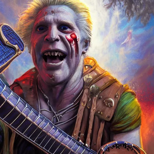 Image similar to detailed photo of a Half-orc bard portrayed by Gary Busey playing a lute to cast a spell, 8k,by Tristan Eaton, Stanley Artgermm, Tom Bagshaw, Greg Rutkowski, Carne Griffiths, trending on DeviantArt, face enhance, hyper detailed ,full of color, dramatic lightning, epic stance