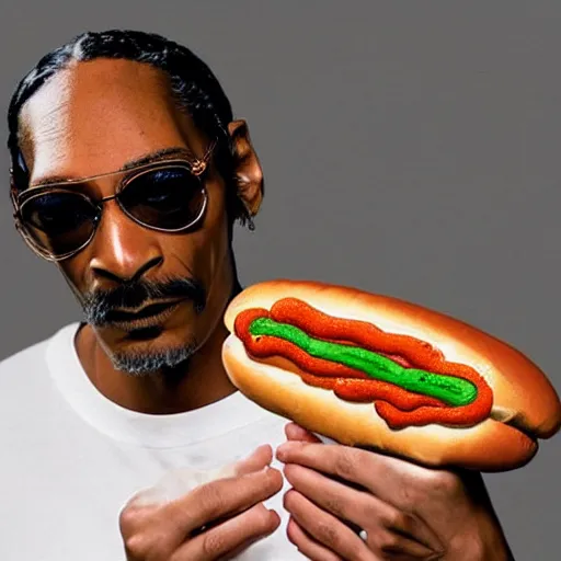 Image similar to a hot dog with the face of snoop dogg