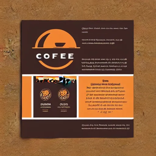 Image similar to square shaped flyer design for a coffee bean company, layout design, dark brown and orange colour palette, template layout