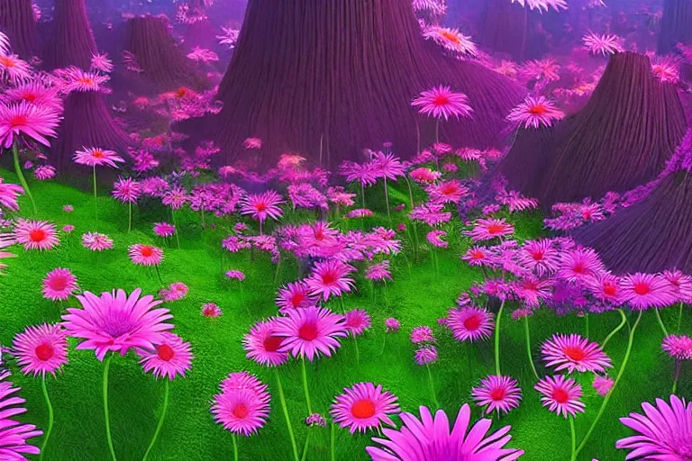 Image similar to beautiful field of giant gerber daisy flowers digital illustration by dr. seuss : 1 | colorful surreal psychedelic megaflora forest by beeple : 1