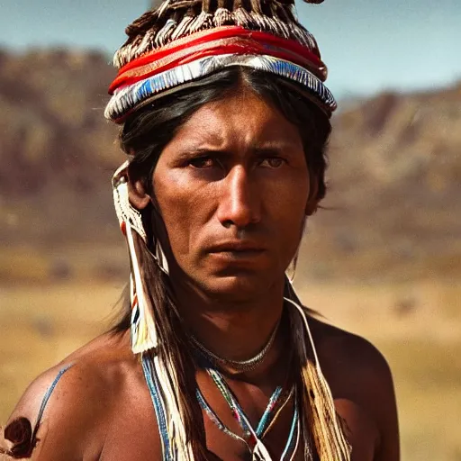 Image similar to portrait of navaho warrior in the 19th century, depth of field, zeiss lens, detailed, symmetrical, centered, fashion photoshoot, by Annie Leibovitz and Steve McCurry, David Lazar, Jimmy Nelsson, Breathtaking, 8k resolution, extremely detailed, beautiful, establishing shot, artistic, hyperrealistic, beautiful face, octane render