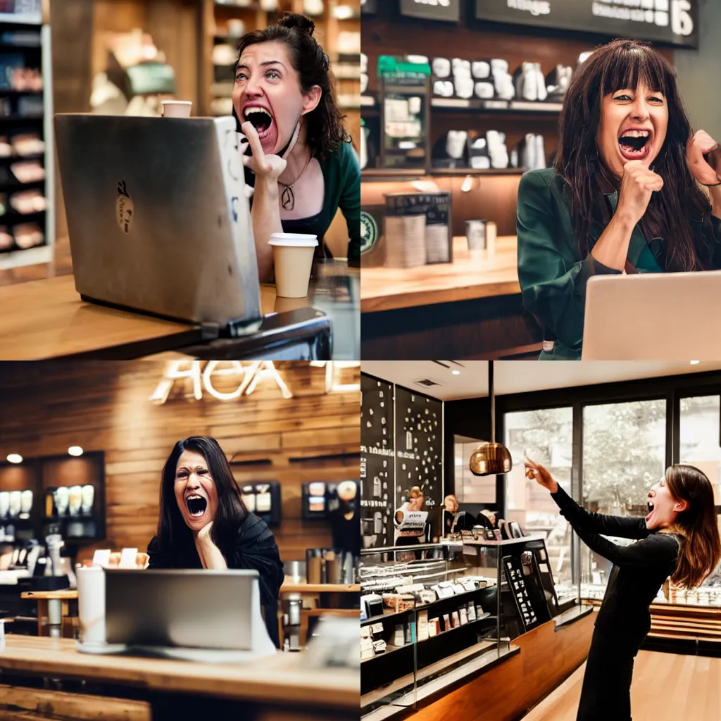 Prompt: a karen screaming at someone in a starbucks store