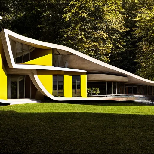 Image similar to architecture ad for a mid-century modern house in the middle of the wood designed by zaha hadid. grain, cinematic, colorized, yellow hue.