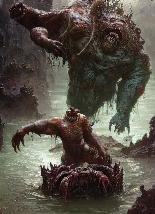 Prompt: huge hulking brute swamp demon king emerging from lake on alien planet, splashing, by sergey kolesov and lawrence alma tadema and norman rockwell and greg staples and craig mullins and john berkey and ruan jia, artstation creature art