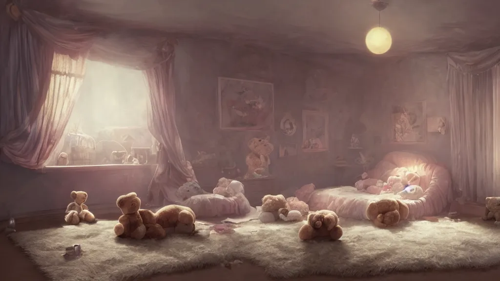 Image similar to a Photorealistic hyperrealistic render of an interior of a beautifully decorated spoiled child's beautiful bedroom with a giant teddy bear sitting on the floor by PIXAR,Greg Rutkowski,WLOP,Artgerm,dramatic moody sunset lighting,long shadows,Volumetric, cinematic atmosphere, Octane Render,Artstation,8k