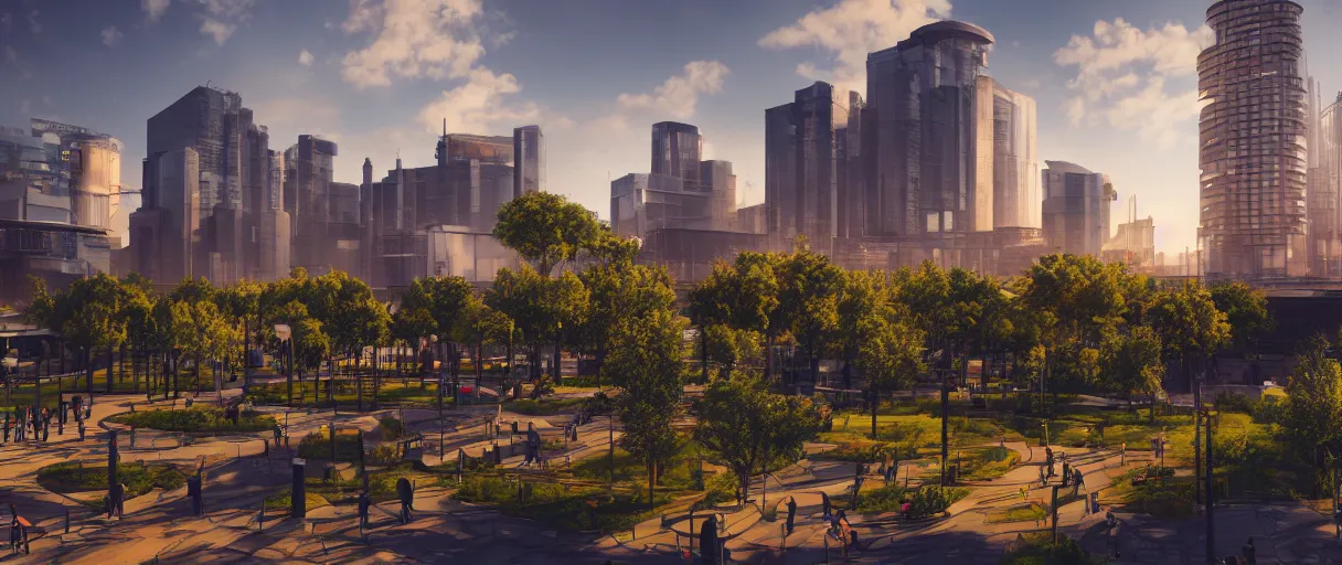 Prompt: modern city center public park, modern landscape architectural design for industrialpunk, gorgeous lighting, golden hour, cyberpunk, 2077, dramatic lighting and composition, high detail digital art 5, 8k