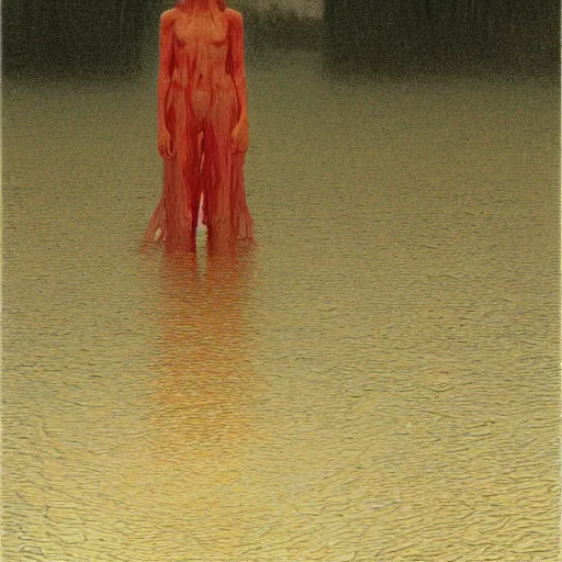 Image similar to shore of the lake, woman, wrapped around by tubes, heavy rain, bones, short black curly hair, glowing red, by edgar maxence and ross tran, zdzisław beksinski, un and michael whelan, distant, gustav dore, h. r. giger, 8 k, octane render