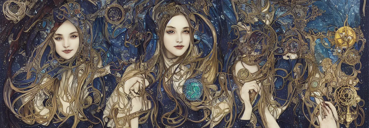 Prompt: cloaked prophets of the dark winter night, awardwinning art by sana takeda and artgerm and alphonse mucha, conceptual volumetric realism, astronomical star constellations and watch gears, traditional moon, candle, tattoo, maiden and fool and crone, ultramarine blue and gold, intricate stained glass,