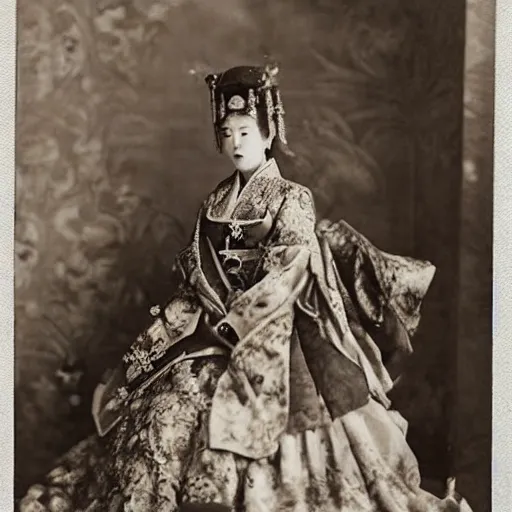 Prompt: A Russian and Japanese mix 1900s historical fantasy photograph of an empress bridal ensemble featured inside of a museum.