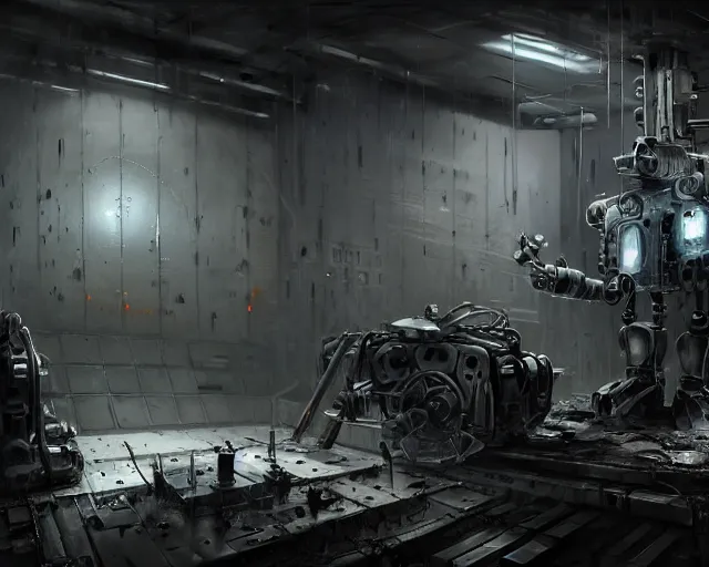 Image similar to robo in gloomy ruined server room in datacenter robot painting concept art of automata rusty steel robot knight colossus welder pacing mono eyed, sharp focus, emitting diodes, smoke, artillery, sparks, racks, motherboard, by pascal blanche rutkowski repin artstation hyperrealism detailed matte painting, 4 k resolution blade runner