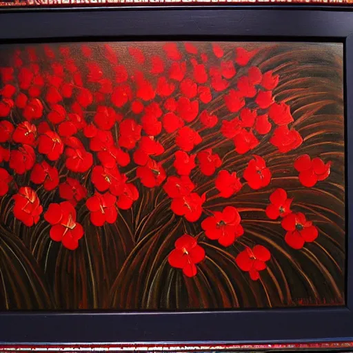 Image similar to oil painting of many various red flowers on a dark background, painted by Sandro Botticelli, the flowers are floating and are seen from the side, dark atmosphere, realistic flowers oil painting