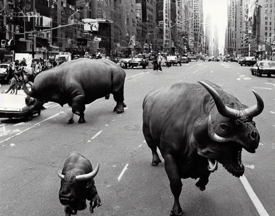 Prompt: a huge bull with the head of a dinosaur charging towards us down a New York city street, panic, people running, rioting, polaroid photo, 1980s