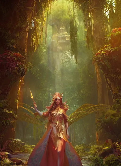 Image similar to Beautiful art portrait of a female fantasy priestess in a bright temple surrounded by lush forest, atmospheric lighting, intricate detail, cgsociety, hyperrealistic, octane render, RPG portrait, ambient light, dynamic lighting