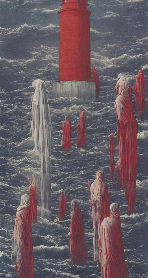 Image similar to worshippers in robes belonging to the cult of the lighthouse standing in the water, a lighthouse, high detailed beksinski painting, part by adrian ghenie and gerhard richter. art by takato yamamoto. masterpiece, deep colours, blue