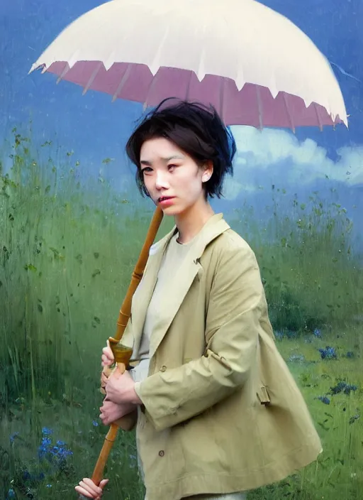 Image similar to portrait of adorable life size Totoro with umbrella, countryside near forest, calm, fantasy character portrait, dynamic pose, above view, sunny day, thunder clouds in the sky, artwork by Jeremy Lipkin and Giuseppe Dangelico Pino and Michael Garmash and Rob Rey, very coherent asymmetrical artwork, sharp edges, perfect face, simple form, 100mm