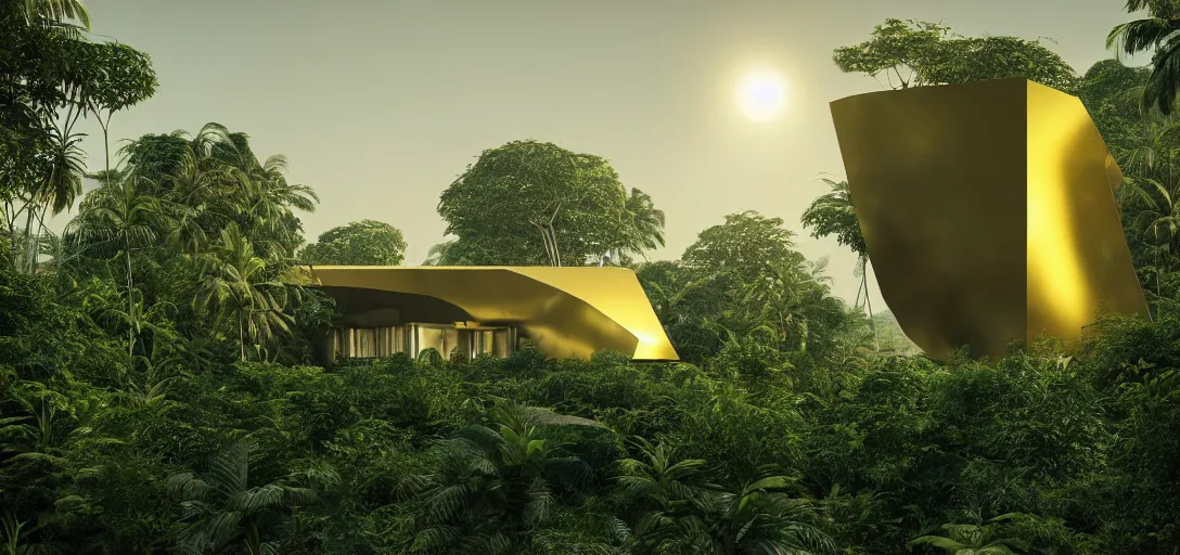 Image similar to futuristic shinny golden building camouflaged in an jungle landscape of a solarpunk world by oscar niemeyer, golden roads le corbusier and frank gerhy, brutalism, movie poster, golden ratio, at dusk lighting, evening lighting, reflections and refractions, film still, hyper realistic, octane render redshift arnold materials unreal engine, 8 k post production, hyper detailed