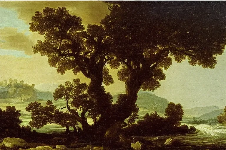 Prompt: oil painting of a old tree next to a raging river by claude lorrain