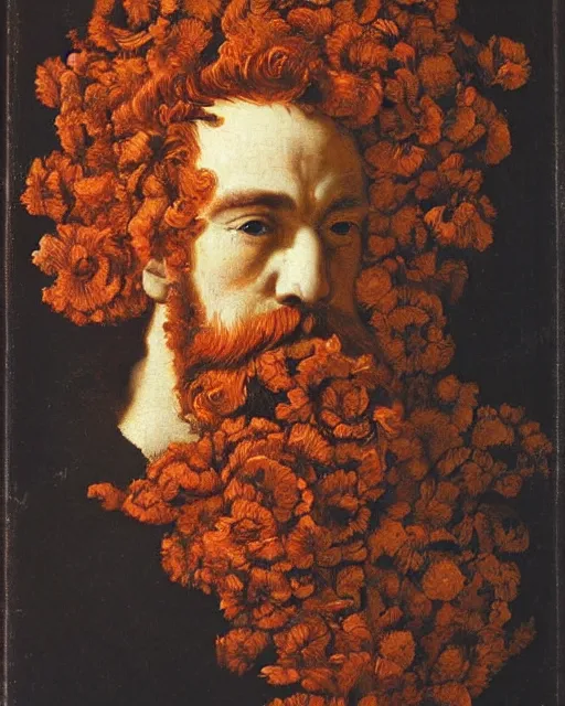 Prompt: a man's face in profile, short beard, curly red hair, made of flowers, in the style of the Dutch masters, dark and moody