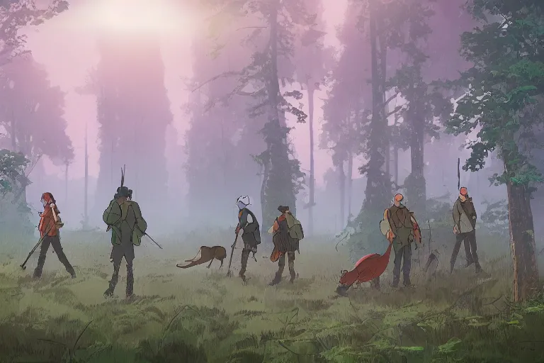 Prompt: cell shaded key visual of a group nomads hunting in a misty forest at dawn in the style of studio ghibli, moebius, makoto shinkai,