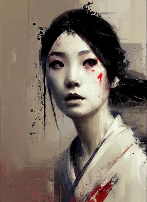 Image similar to female geisha girl, beautiful face, by greg rutkowski, by jeremy mann, digital painting