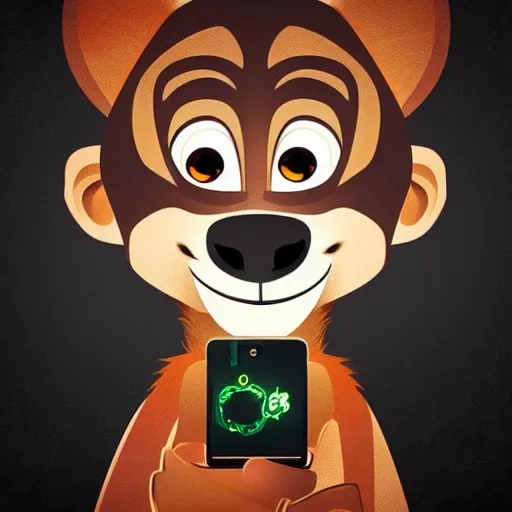 Image similar to “ logo and portrait of a monkey in the style of zootopia holding laser gun, with a black background, digital art, award winning, trending on art station, retro style ”