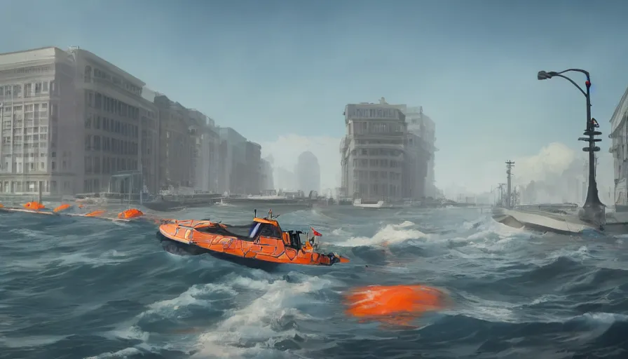 Image similar to lifeboat crossing washington streets after tsunami, sunny day, hyperdetailed, artstation, cgsociety, 8 k