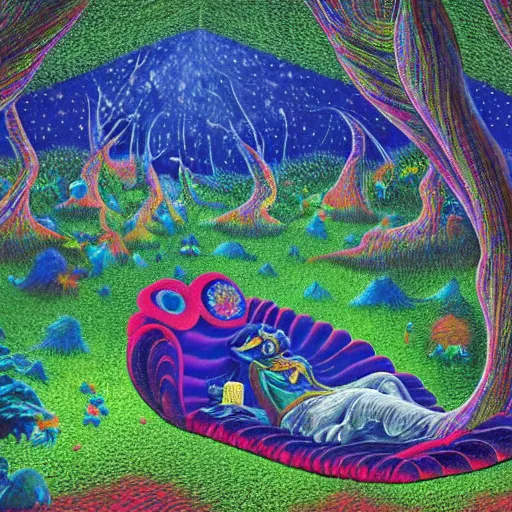 Image similar to psychedelic couch sofa in the lush forest, milky way, designed by moebius, rob gonsalves, gustav dore, giuseppe arcimboldo and carl barks, louis wain, trending on artstation, mediterranean, star, sharp focus, colorful refracted sparkles and lines, soft light, 8 k 4 k