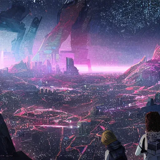 Image similar to far away city in the style of cyberpunk ontop of a mountain, space sky, anime illustration,