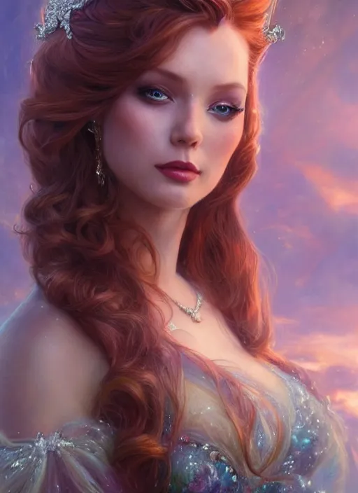 Image similar to glamorous princess ariel portrait, seductive eyes and face, elegant, very detailed face, studio lighting, photorealism, portrait by magali villeneuve and steve argyle, livia prima, mucha, dress, fantasy art, beautiful, artstation, trending on artstation, intricate details, alluring, masterpiece