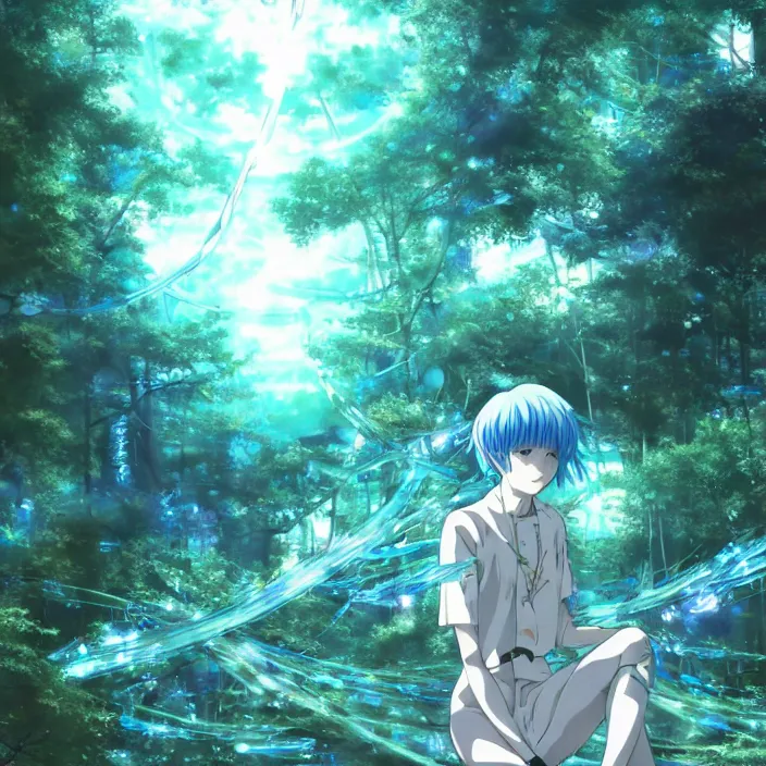 Image similar to rei ayanami, male anime character, in the woods, fractal, liminal space, Japan Lush Forest, technological rings, water dripping leaves blue rings faint turquoise glowing aura Leviathan awakening from Japan in a Radially Symmetric Alien Megastructure turbulent bismuth glitchart Luminism Romanticism by John William Waterhouse . Atmospheric Cinematic Environmental & Architectural Design Concept Art by Tom Bagshaw Jana Schirmer Jared Exposure to Cyannic Energy, Darksouls Concept art by Finnian Macmanus, Rei Ayanami, fractal recusion mandelbulb fractal wisdom acrylic pouring , by beeple, apophysis, aesthetic gradient, hyperdetailed landscape, sugar microscopic image, loop hole from Japan in a lush flora of water dripping leaves and echoing blue rings of sound emanating from the center of the screen with a faint turquoise glowing aura fractal pearlescent iridescent surrealist turbulent bismuth glitchart Luminism Romanticism by John William Waterhouse Beksinski Finnian MacManus Ruan Jia, cute anime girl with blue hair and red eyes, vtuber, lain iwakura, Hi-Fructose, Artstation, HD, HDR, High Resolution, 1024x1024