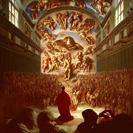 Prompt: the sistine chapel breaks open in half in the ceiling as a red magical portal from hell opens up, lucifer morningstar emerges along with demons, the priests and the pope look at the scene with terror in their eyes. highly detailed painting by gaston bussiere, greg rutkowski, craig mullins 8 k