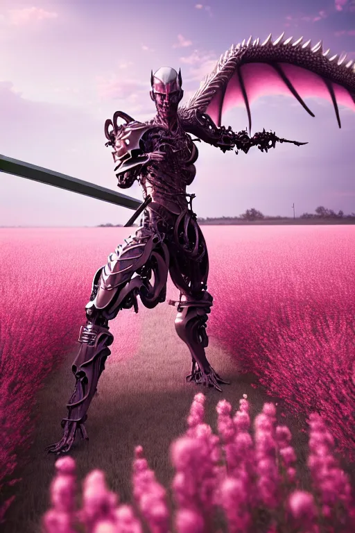 Image similar to illustration cinematic cyborg dragon holding katana in a field of pale pink flowers, highly detailed smooth digital art masterpiece, vitaly bulgarov dramatic light, ground angle uhd 8 k, sharp focus