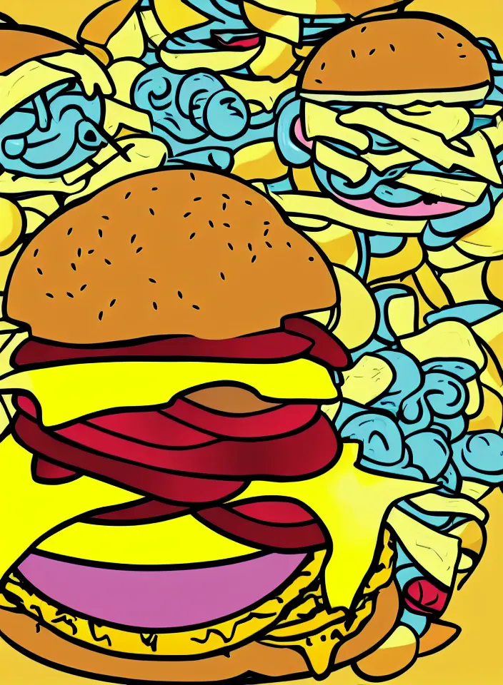 Image similar to pop art illustration of a cheeseburger, adobe illustrator