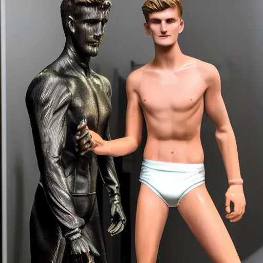 Image similar to a realistic detailed photo of a guy who is an attractive humanoid who is half robot and half humanoid, who is a male android, soccer players martin ødegaard & timo werner, shiny skin, posing like a statue, blank stare, in a museum, on display, showing off his muscles, gold soccer shorts, no jersey, collection of them, statue