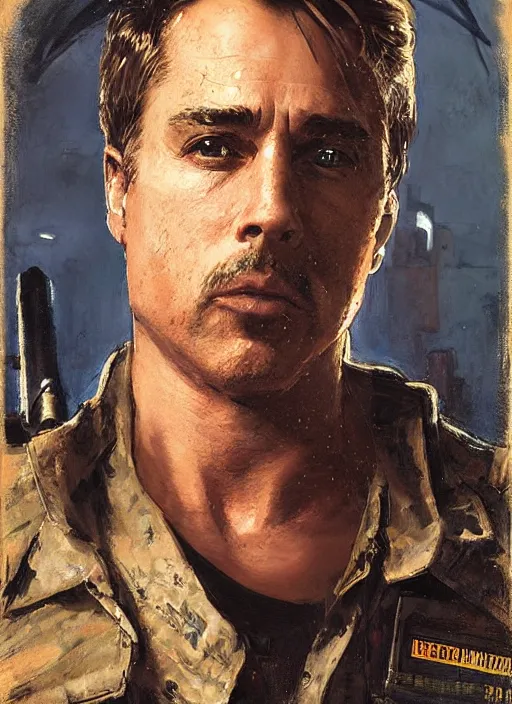 Prompt: Don Johnson. cyberpunk USN marine wearing a military vest and combat gear. (Cyberpunk 2077, bladerunner 2049, rb6s). Squarish face. Iranian orientalist portrait by john william waterhouse and Edwin Longsden Long and Theodore Ralli and Nasreddine Dinet, oil on canvas. Cinematic, hyper realism, realistic proportions, dramatic lighting, high detail 4k