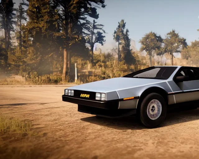 Image similar to new concept for a delorean, cinematic, photoreal, by red dead redemption 2