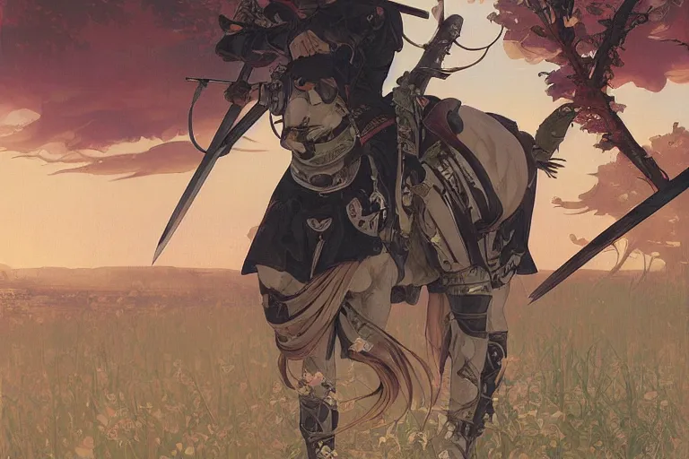 Image similar to wounded samurai in full armor on a battlefield, dusk, by fiona staples, range murata, alphonse mucha