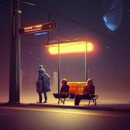 Image similar to some people waiting at bus stop in dark city night : : by beeple and james gilleard and justin gerard : :, centered, artstation, smooth, sharp focus, photoreal octane render, 3 d, by jean - baptiste monge!!!!!!!