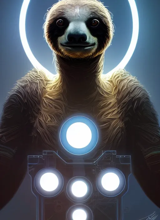 Image similar to symmetry!! portrait of a sloth, sci - fi, tech wear, glowing lights!! intricate, elegant, highly detailed, digital painting, artstation, concept art, smooth, sharp focus, illustration, art by artgerm and greg rutkowski and alphonse mucha