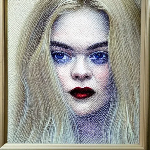 Prompt: Painting of Elle Fanning as a vampire, long blonde hair, delicate, pale milky white porcelain skin, pointillism. 8K. Extremely detailed.