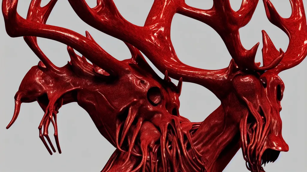 Prompt: stylized shiny polished silver statue full body bizarre extra limbs cosmic horror quadruped animal moose deer skull four legs made of creature tendrils perfect symmetrical body perfect symmetrical face hyper realistic hyper detailed by johannen voss by michelangelo octane render blender 8 k displayed in pure white studio room anatomical deep red arteries veins flesh animatronic
