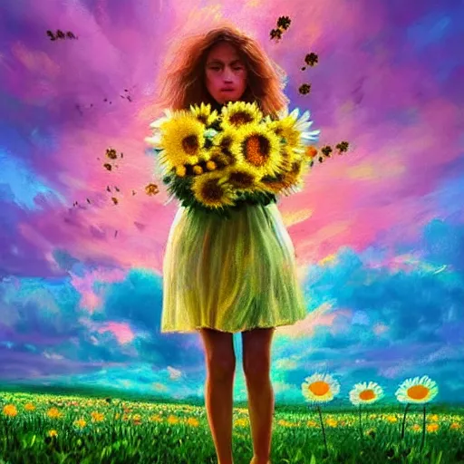 Image similar to head and face made of giant daisies, girl standing barefoot in a flower field, holding flowers, surreal photography, sunrise dramatic light, impressionist painting, colorful clouds, large sky, digital painting, artstation, simon stalenhag, flower face