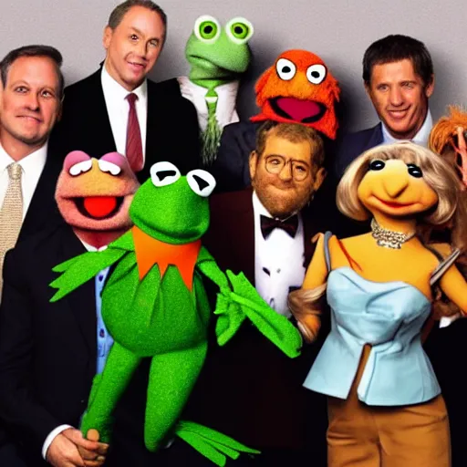 Prompt: hyper realistic puppet jury, muppet