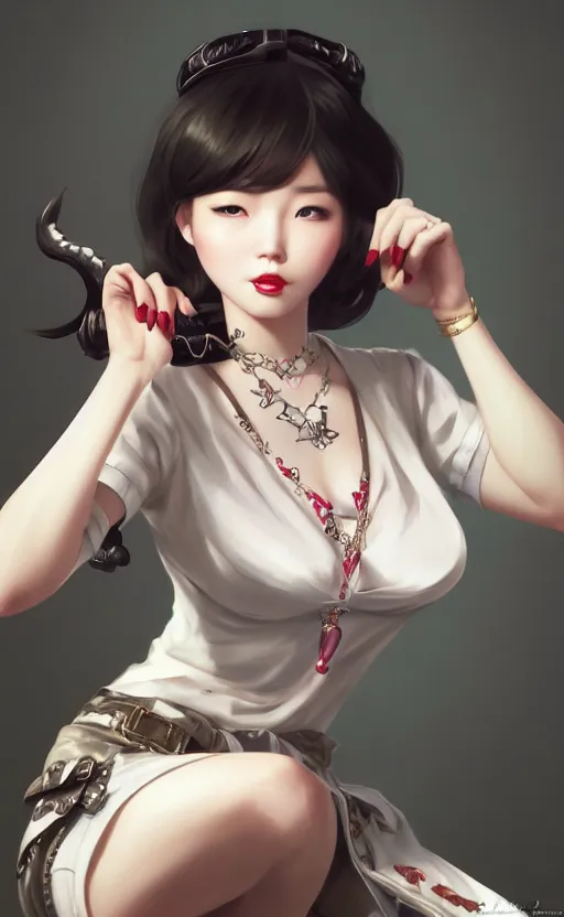 Image similar to a pin up and beautiful fashion charming dreamlke korea girl with lv jewelry, character art, art by artgerm lau and kyoung hwan kim and and ilya kuvshinov and john singer sargent, hyperdetailed, 8 k realistic, symmetrical, frostbite 3 engine, cryengine, dof, trending on artstation, digital art