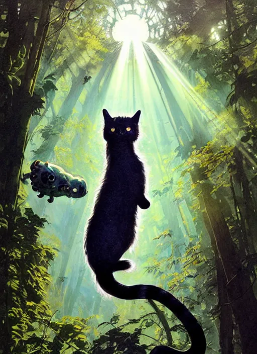 Image similar to a hyper realistic ink cat alien technology and sunbeams blue sky, lush forest foliage painting by chiara bautista and norman rockwell and greg rutkowski weta studio, and lucasfilm