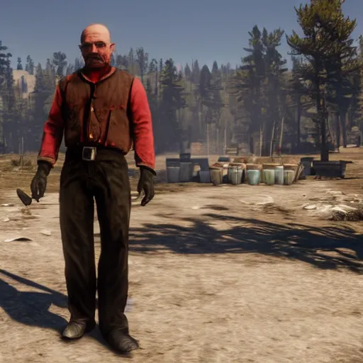 Prompt: walter white cooking meth in red dead redemption 2, game screenshot